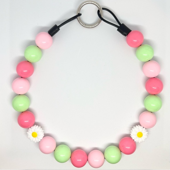 Beaded Dog Collar Necklace Size Medium Watermelon & Daisies Pink Green Floral - Picture 6 of 8